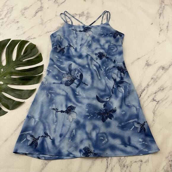 DBY Womens Vintage Y2k Mini Slip Dress Size 12 P Blue Floral Lace Up Back - Picture 1 of 9